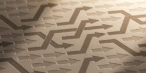 3D illustration of many arrows changing way on kraft paper. Structural Reorganization Background.
